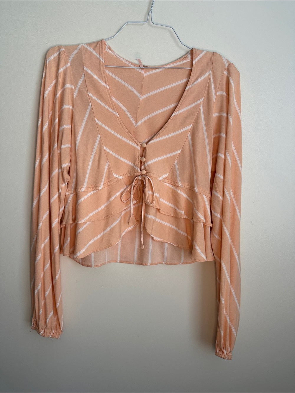 Free People Peach Colored Striped Tie-Front Cropped Blouse